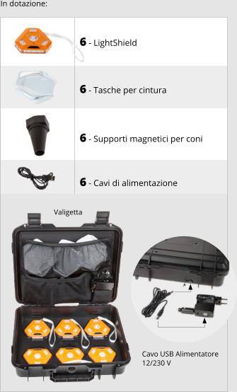 6 - LightShield    6 - Tasche per cintura    6 - Supporti magnetici per coni   6 - Cavi di alimentazione Valigetta Cavo USB Alimentatore 12/230 V In dotazione: