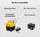 D4 box ricaricabile Dimensioni box 153 x 163 x 227 mm Dimensioni caricabatterie 155 x 72 x 46 mm